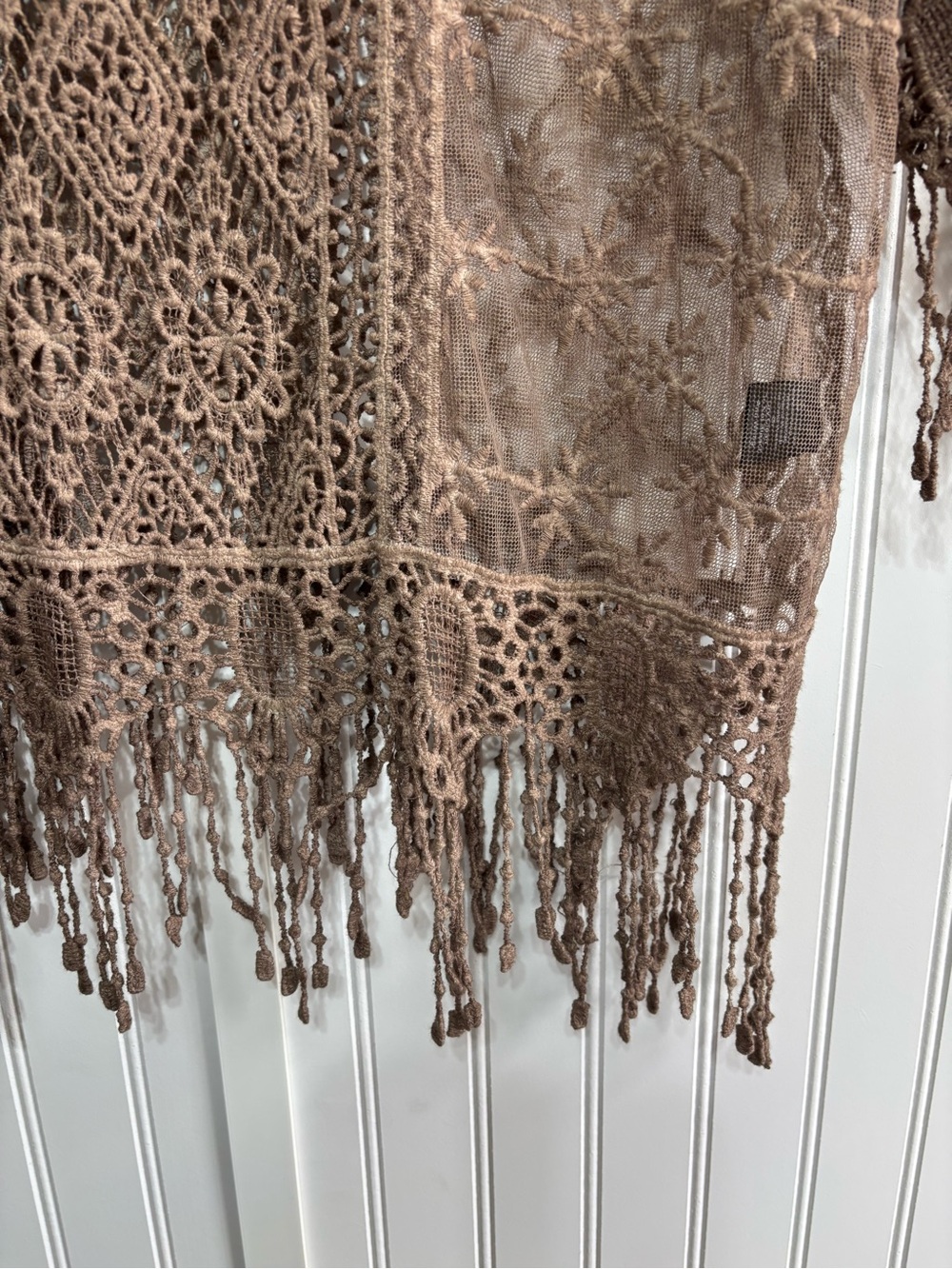 Boho Brown Crochet Lace Fringe Pullover Top Linen Blend Sheer Blouse Approx L/XL - Picture 5 of 13